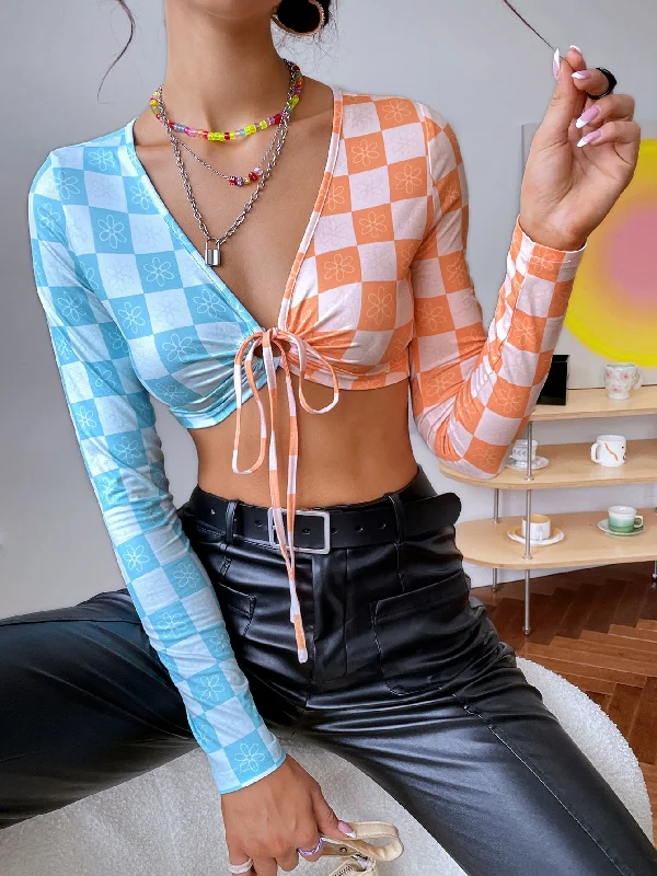 Sexy Plaid Drawstring Long Sleeve V Neck Crop Women Top Disco