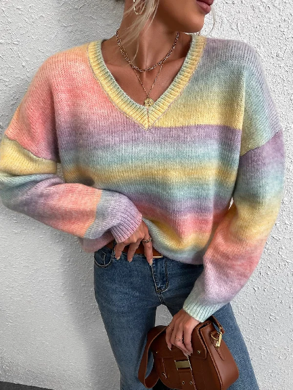 Casual Ombre Long Sleeve V Neck Regular Women Sweater Casual Women's Loose - fitting