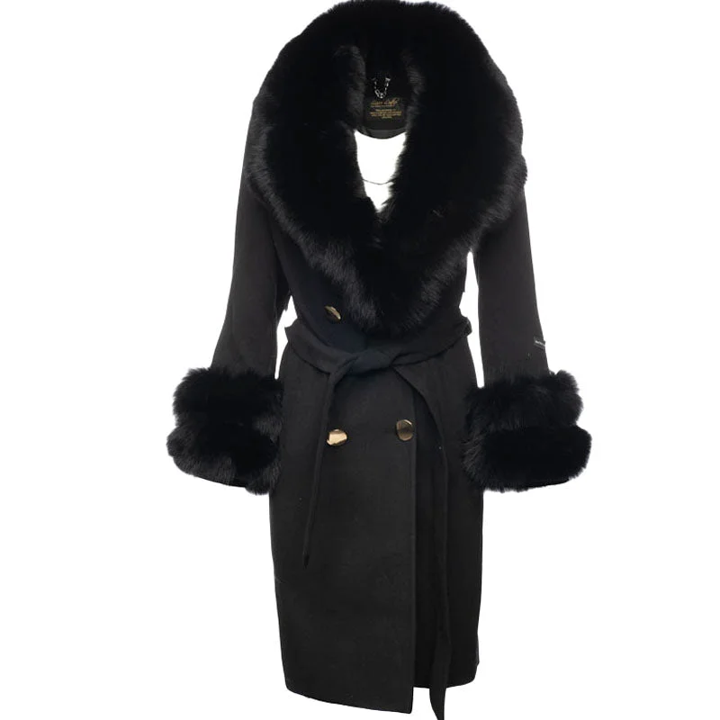 Aria Black Chic long cashmere blend coat with fox fur Unique Women's Upcycled