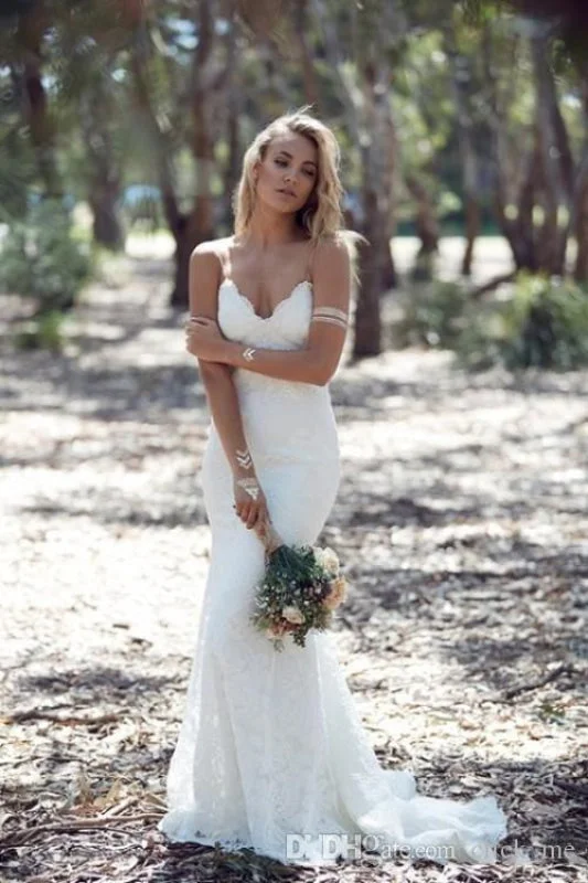 Backless Mermaid Spaghetti Strap Full Lace Wedding Dresses Gym