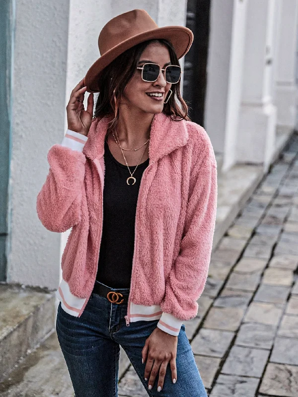 Casual Striped Zipper Long Sleeve Collar Regular Women Jacket Laid - back Women's Vibe Casual Striped Zipper Long Sleeve Collar Regular Women Jacket Laid - back Women's Vibe