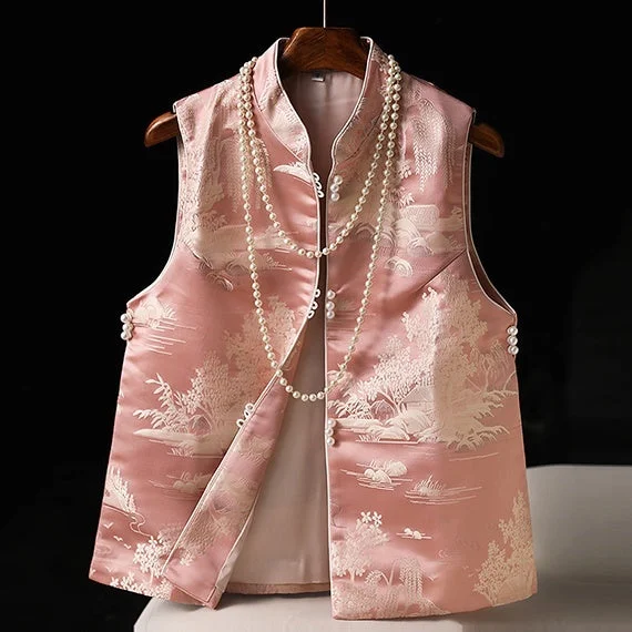 Traditional Chinese Stand Collar Vintage Vest Brocade Jacquard Waistcoat for Young Women Monochromatic Office Style Traditional Chinese Stand Collar Vintage Vest Brocade Jacquard Waistcoat for Young Women Monochromatic Office Style