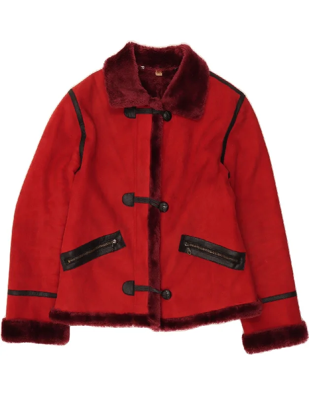 VINTAGE Womens Sherpa Jacket UK 12 Medium Red Acrylic