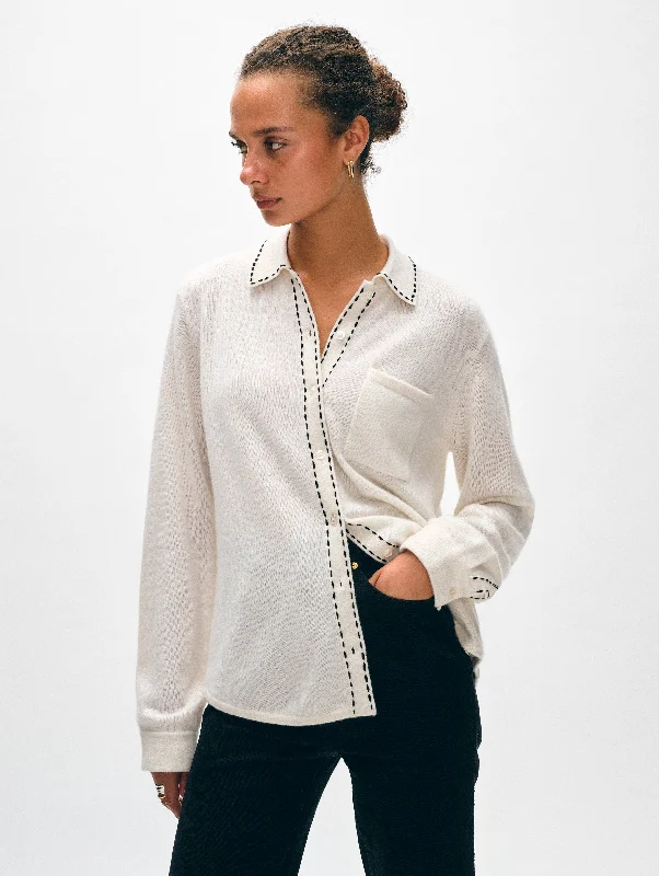 Cashmere Embroidered Trim Button Down Shirt Sophisticated Women's Tailored