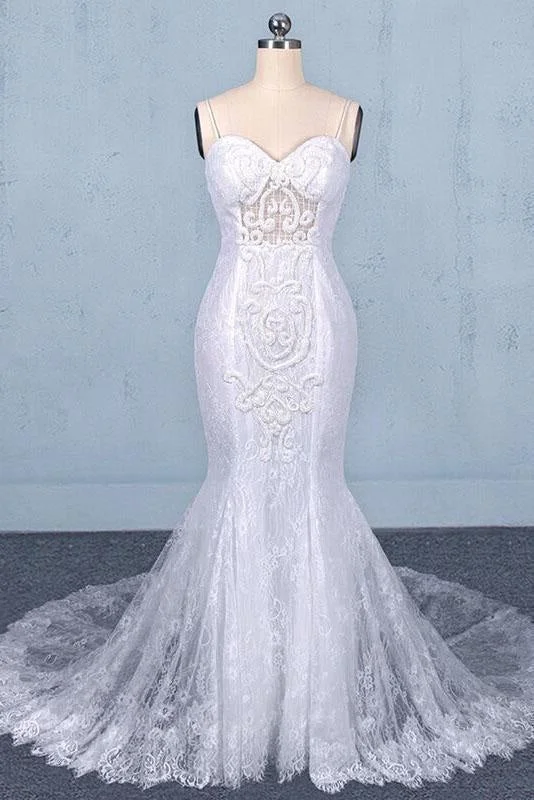 Spaghetti Straps Mermaid with Appliques Lace Beach Wedding Dress