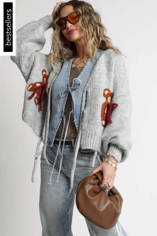 Teddy Soft Knit Bow Cardigan Youthful Women's Pop