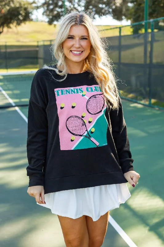 Tennis Club Micro Fleece Crewneck, Black Sophisticated Women's Tailored