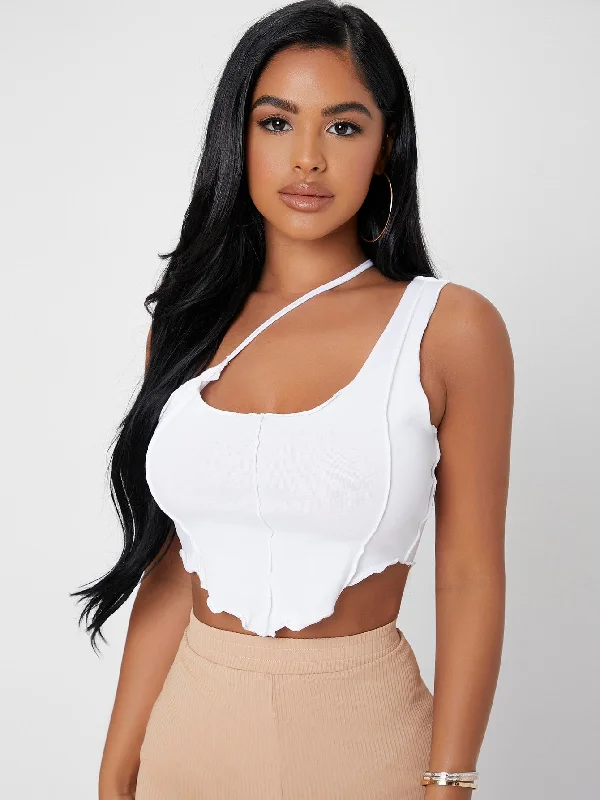 Sexy Plain Asymmetrical Sleeveless Asymmetrical Neck Asymmetrical Crop Women Top Stylish Women's Tropical 