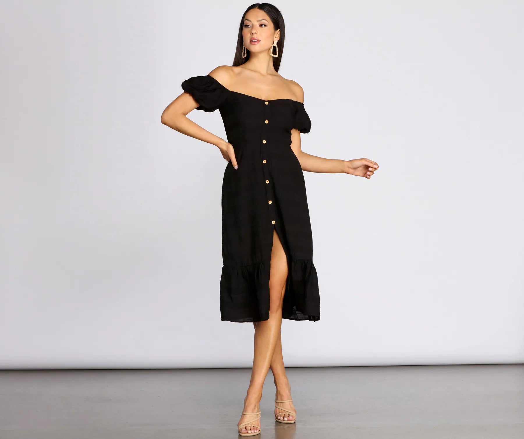 Off The Shoulder Button Front Midi Dress