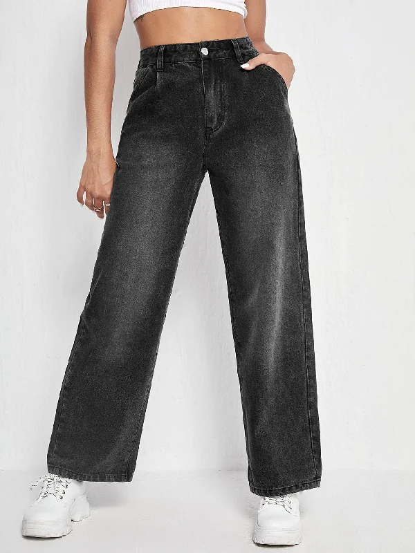 Plain Zipper High Waist Long Women Jeans