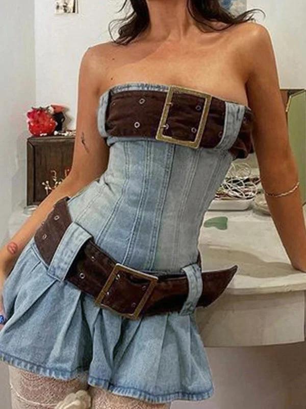 BerryBetty - Buckle Belt Strapless Denim Mini Dress Athletic Women's 