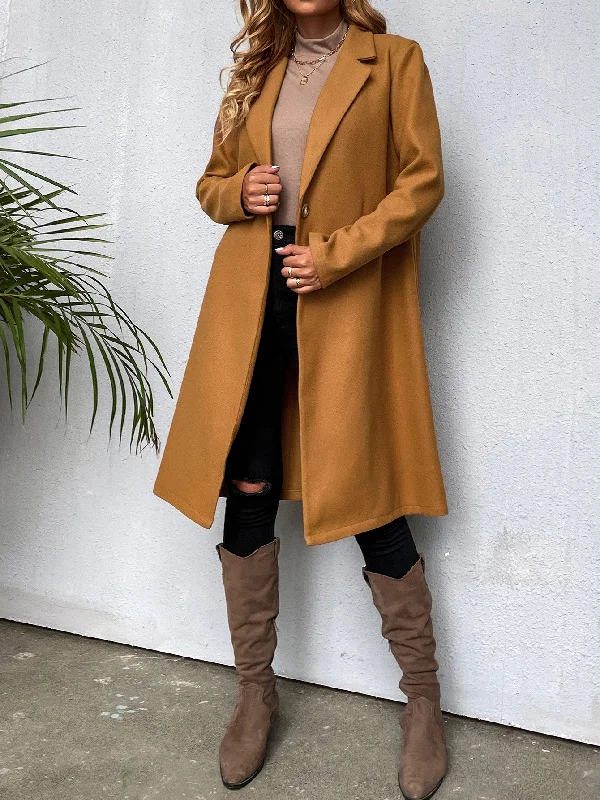 Plain Button Long Sleeve Lapel Midi Women Overcoat Scandinavian