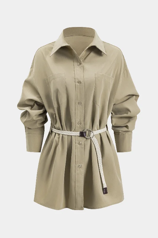Ruched Button Pocket Belted Long Sleeve Mini Dress Sleek Women's 