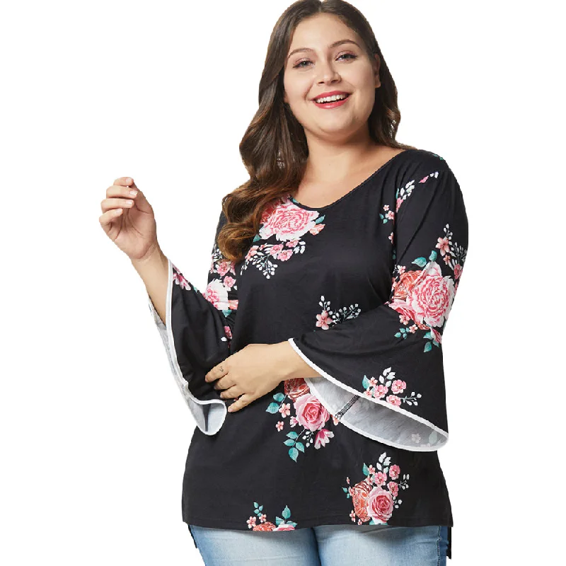 ANALUKKE Floral O-Neck Long Sleeve Blouse Dapper Women's Bow - adorned