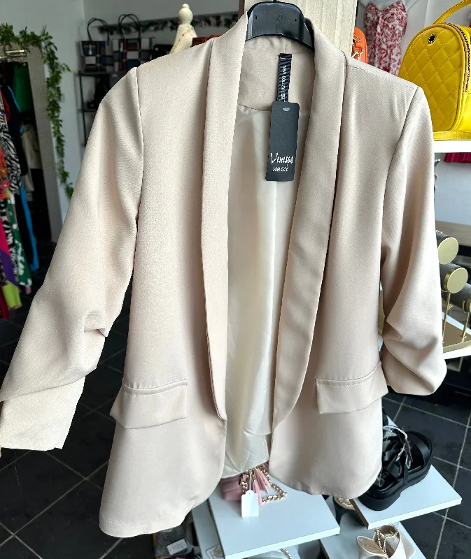 Beige ruched sleeve open blazer Contemporary 