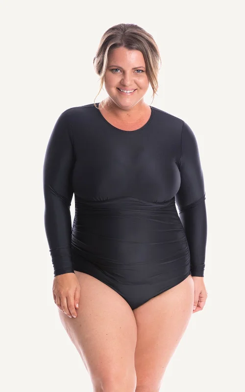 Grace Long Sleeve One Piece Swimsuit  | Black Polished Women's Silk