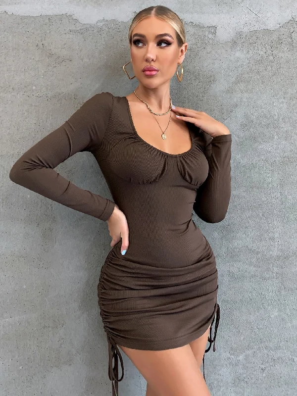 Plain Ruched Bust Long Sleeve Scoop Neck Pencil Natural Short Dress Modern Women's 