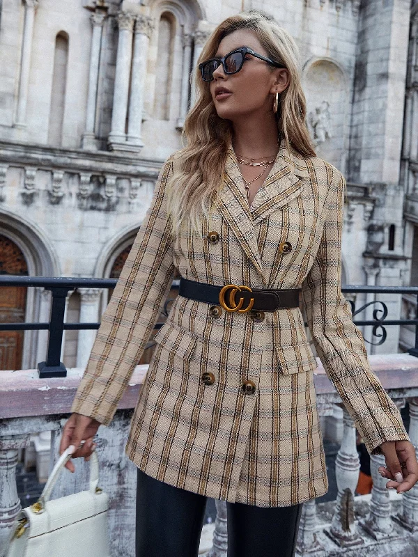 Plaid Double Button Long Sleeve Lapel Short Women Overcoat Dapper Women's Bow - adorned Plaid Double Button Long Sleeve Lapel Short Women Overcoat Dapper Women's Bow - adorned