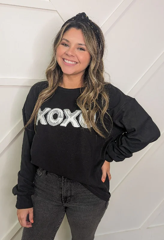 XOXO on Black Crazy Cozy Microfleece Crewneck Feminine Women's Soft 