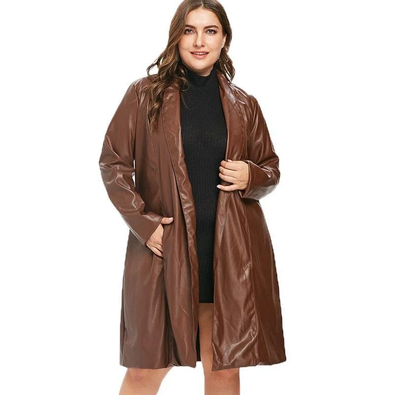 ANALUKE Faux Leather Knee Length Trench Coat Youthful Women's Pop