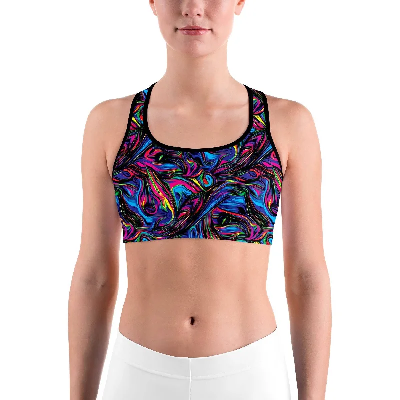 Psychedelic Neon Paint Sports Bra Geometric