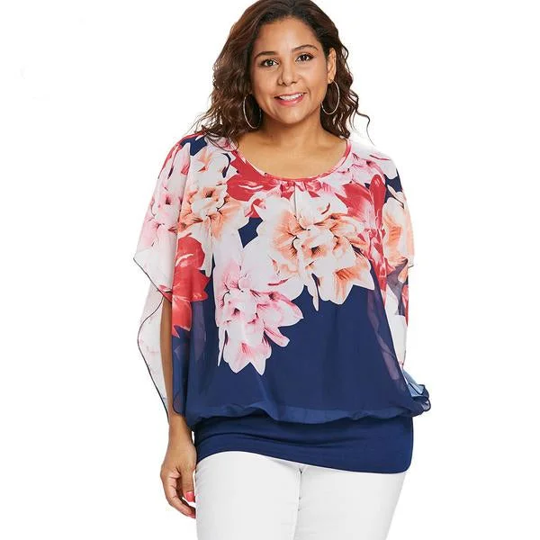 ANALUKE Chiffon Mesh Floral Print Overlay Blouson Long Sleeve Blouse Bold Women's Statement