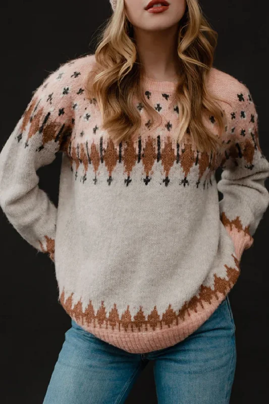 Geometric Contrast Round Neck Long Sleeve Sweater | Sweater Weather | Cozy Season Rugged Women's Outdoor Geometric Contrast Round Neck Long Sleeve Sweater | Sweater Weather | Cozy Season Rugged Women's Outdoor
