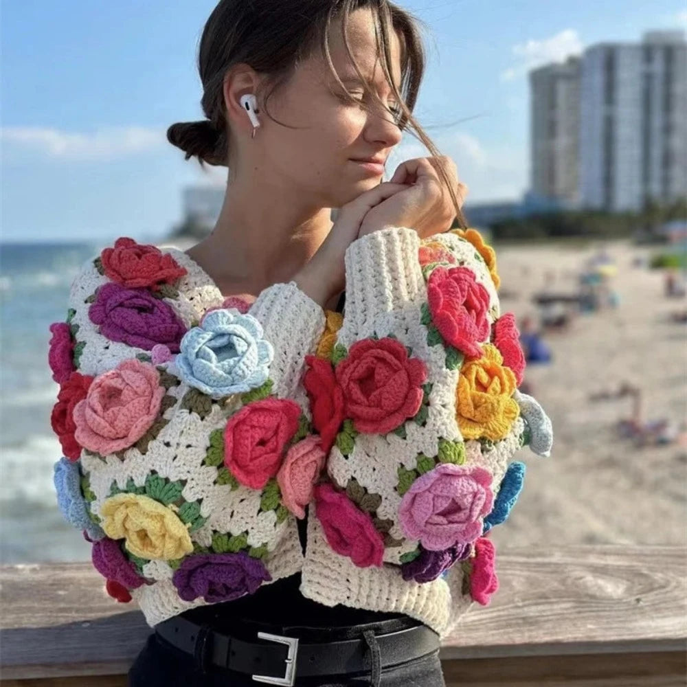 3D Rose Handmade Crochet Cardigan Earthy Women's Hemp - based