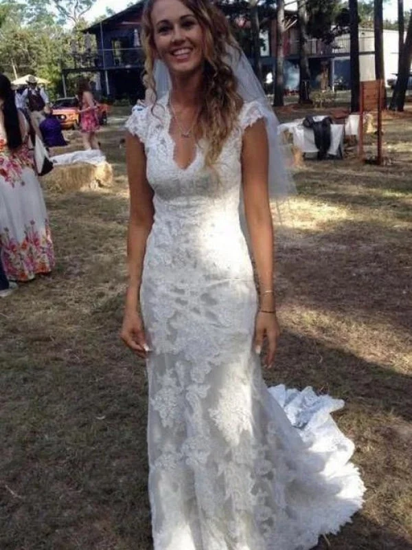 V Neck Cap Sleeves Floor Length Lace Wedding Dresses Hip Women's Retro