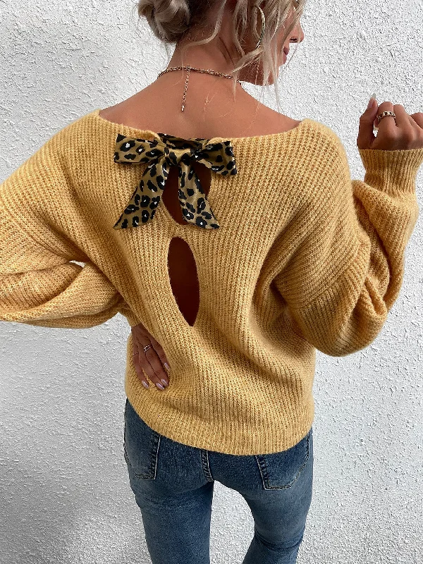 Casual Plain Bow Long Sleeve Round Neck Regular Women Sweater Sporty Women's Tennis
