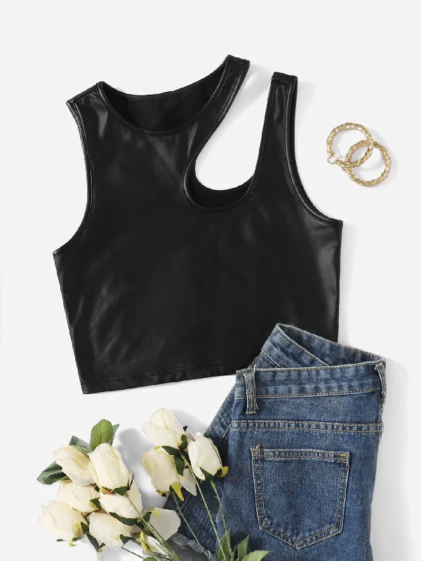Plain Cut Out Asymmetrical Neck Crop Plus Size Tank Top & Cami Sporty Women's Tennis Plain Cut Out Asymmetrical Neck Crop Plus Size Tank Top & Cami Sporty Women's Tennis