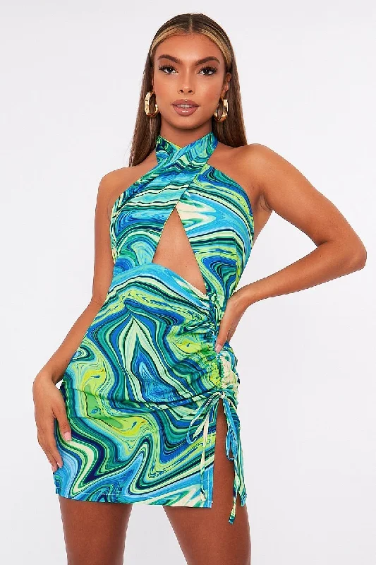 Blue Marble Halter Neck Cut Out Ruched Mini Dress - Oliviyah Australian Beach