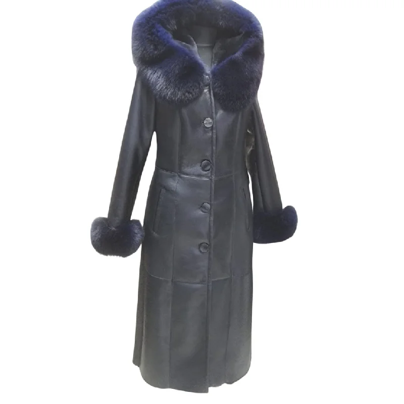 Seren's Navy Blue Shearling coat with fox fur Sporty Women's Athleisure 