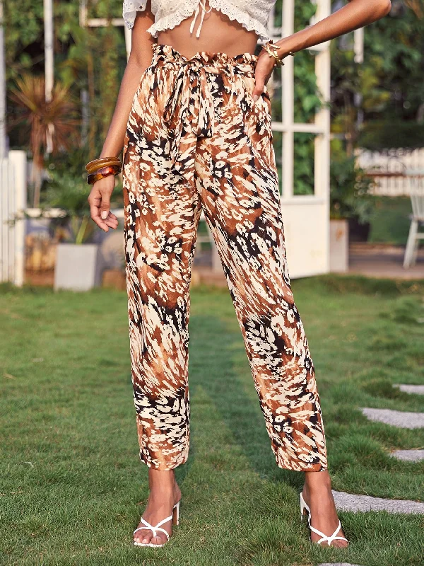 Boho All Over Print Paper Bag Waist High Waist Cropped Women Pants performance