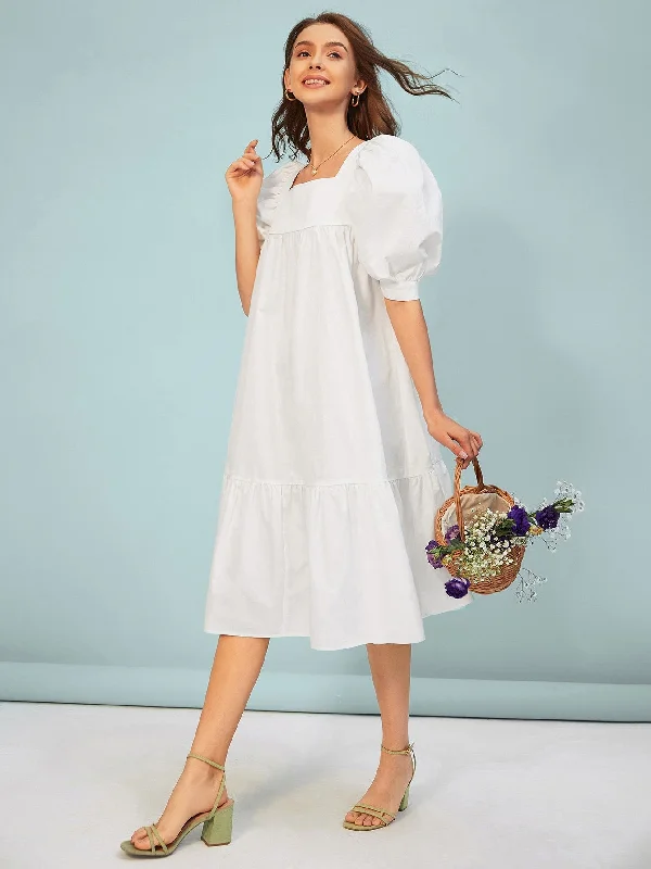 Plain Short Sleeve Square Neck Flounce Natural Midi Dress