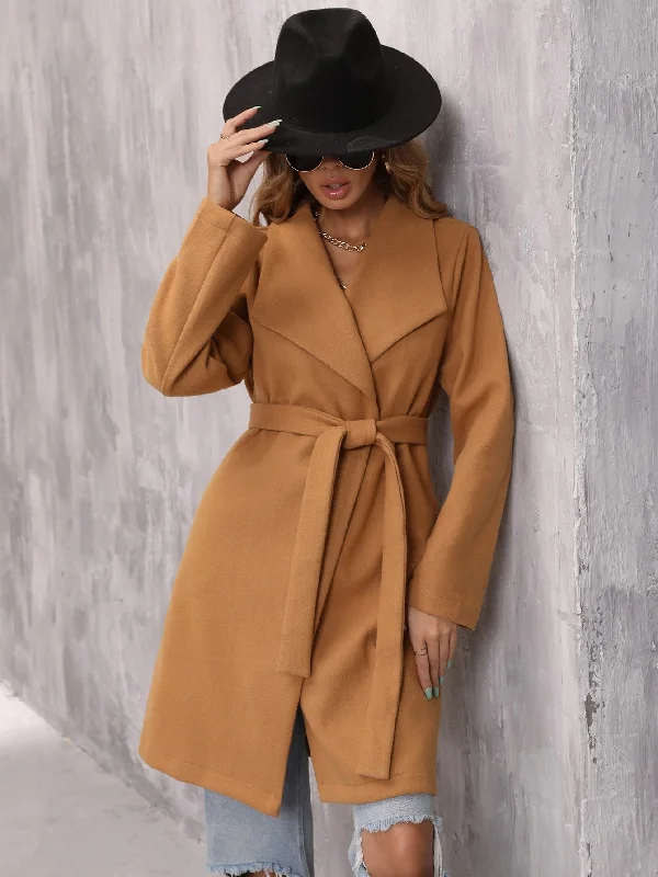 Plain Belted Long Sleeve Waterfall Midi Women Overcoat Dynamic Women's Moto