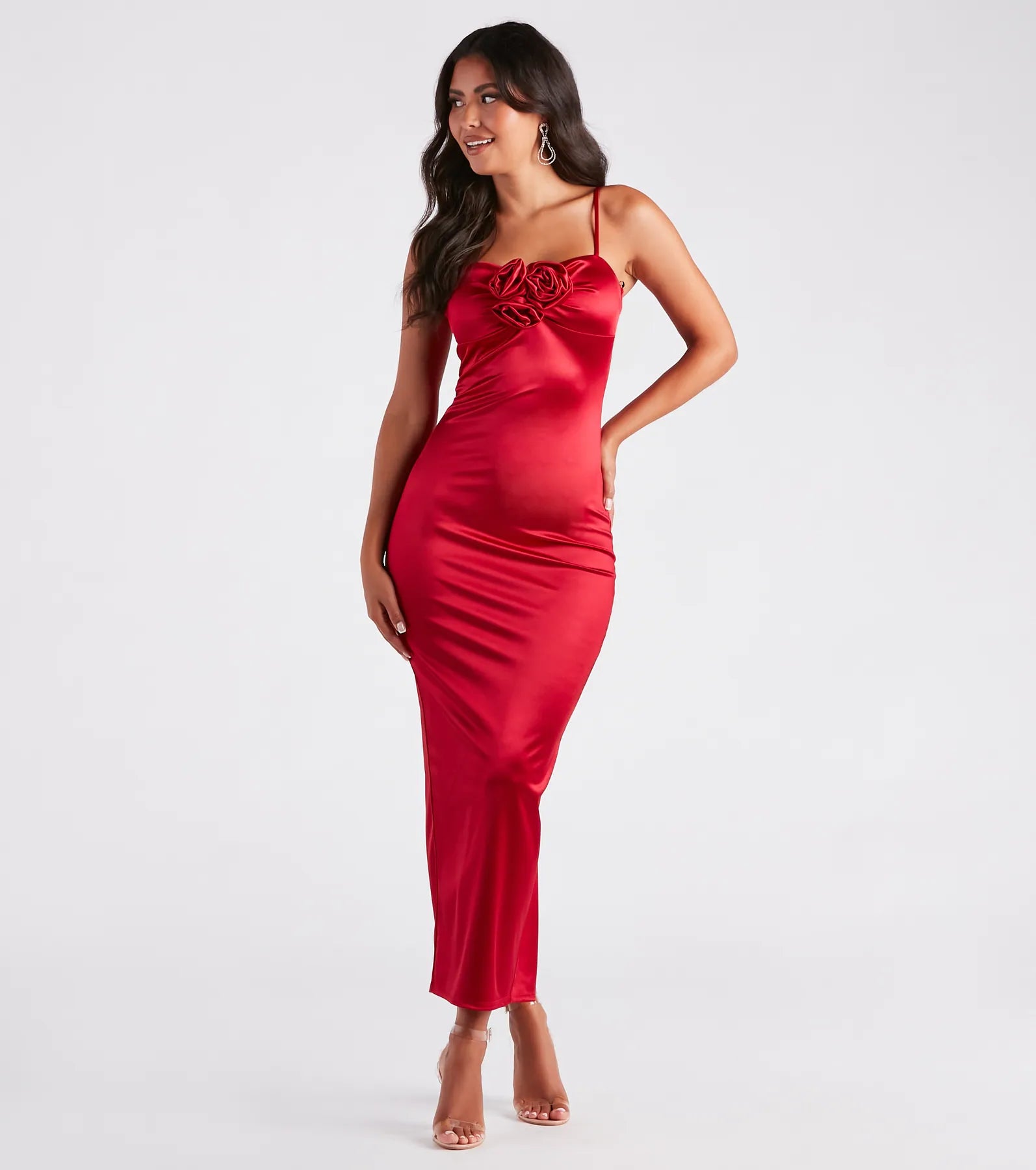 Leia Rosette Applique Long Satin Formal Dress Confident Women's High - fashion