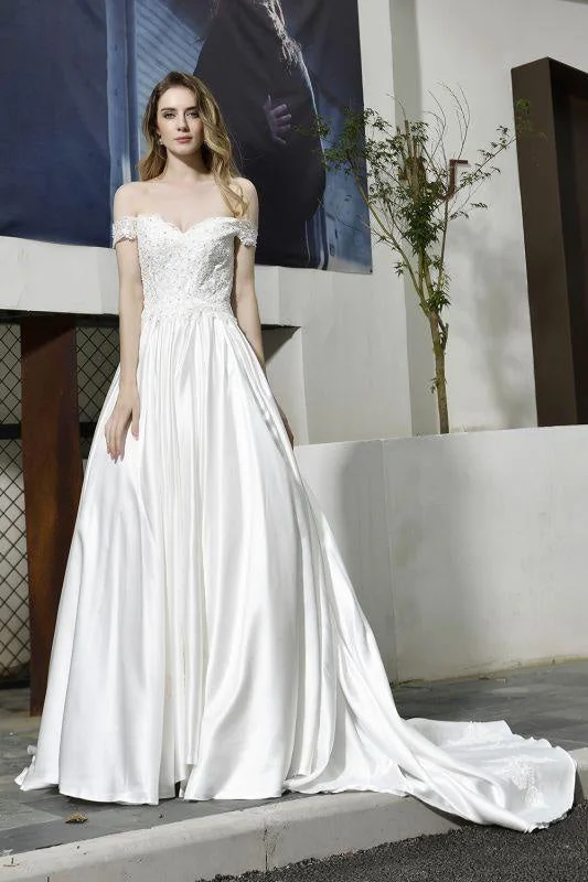 Bridelily Off the Shoulder Appliques Satin Wedding Dress