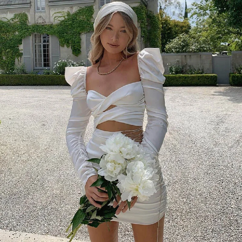 BerryBetty - Cut Out Puff Sleeve Lace Up Rhinestone Satin Mini Dress - White Sporty Women's Athleisure BerryBetty - Cut Out Puff Sleeve Lace Up Rhinestone Satin Mini Dress - White Sporty Women's Athleisure
