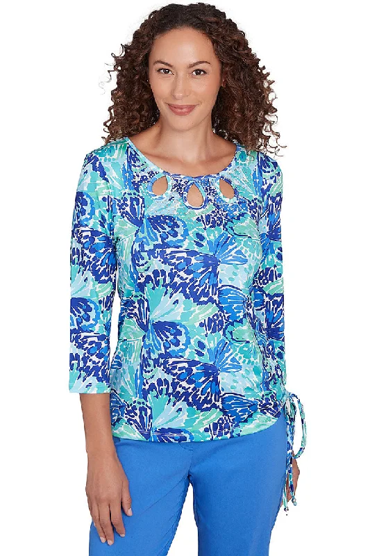 Petite It Had To Be Blue Triple Keyhole Top Sophisticated Women's 