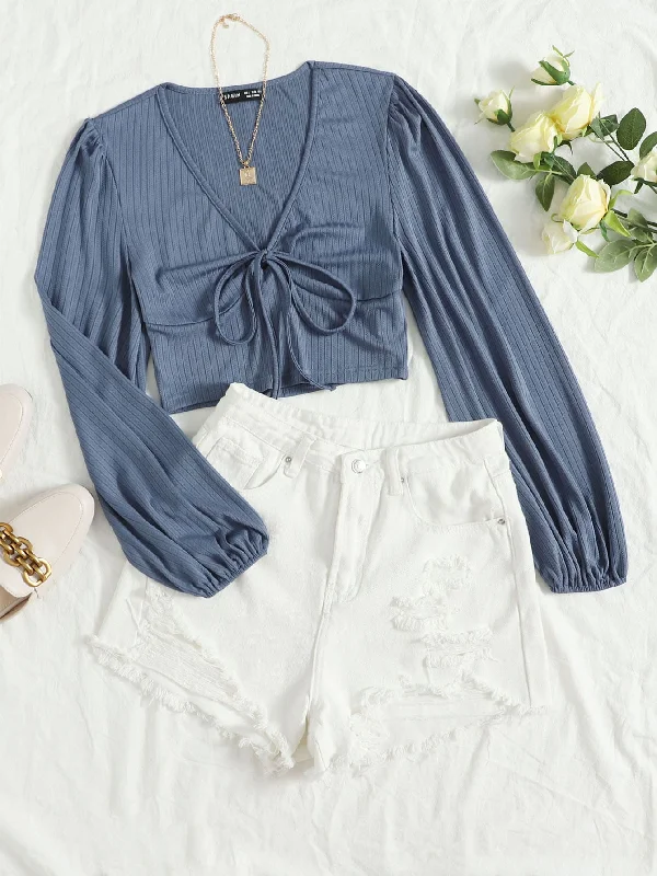 Casual Plain Rib-Knit Long Sleeve Deep V Neck Crop Women T-Shirt Stylish Women's Tropical Casual Plain Rib-Knit Long Sleeve Deep V Neck Crop Women T-Shirt Stylish Women's Tropical