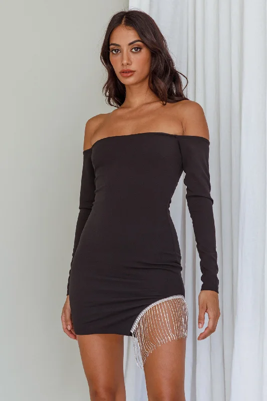 Call On Me Diamante Off-Shoulder Mini Dress Black Traditional Women's Wool