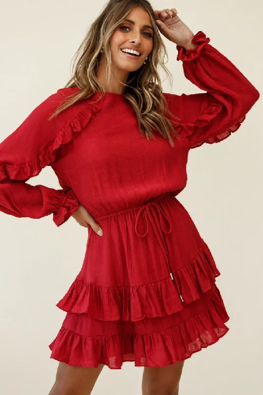 Best Wishes Long Sleeve Frill Detail Dress Wine Trendy Women's Oversized