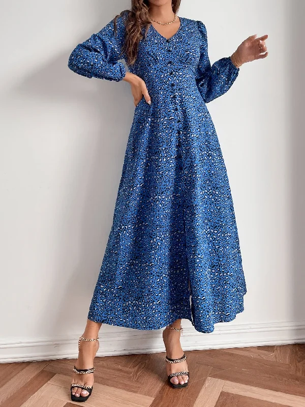 Leopard Split Long Sleeve V Neck Slit High Waist Long Dress Polished Women's Silk