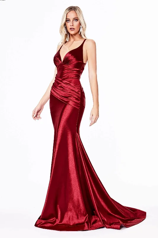 Ladivine CH236 - Open Back Ruched Satin Long Gown