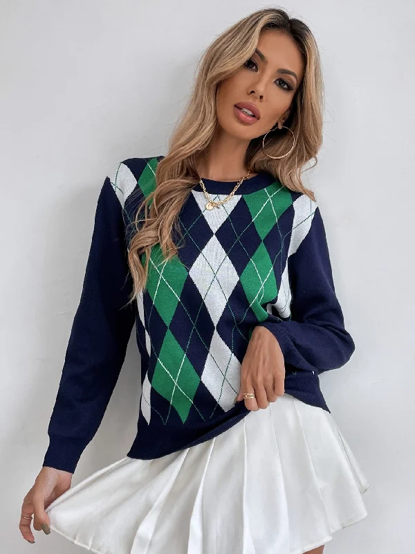 Preppy Geometric Long Sleeve Round Neck Regular Women Sweater Bold Women's Animal Print Preppy Geometric Long Sleeve Round Neck Regular Women Sweater Bold Women's Animal Print