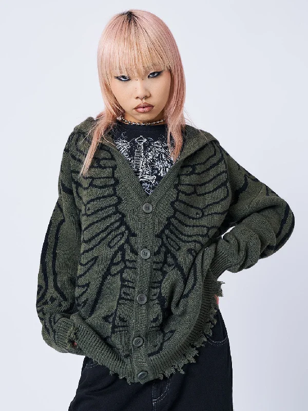 X-Ray Jacquard Green Hooded Knit Cardigan Earthy Women's 