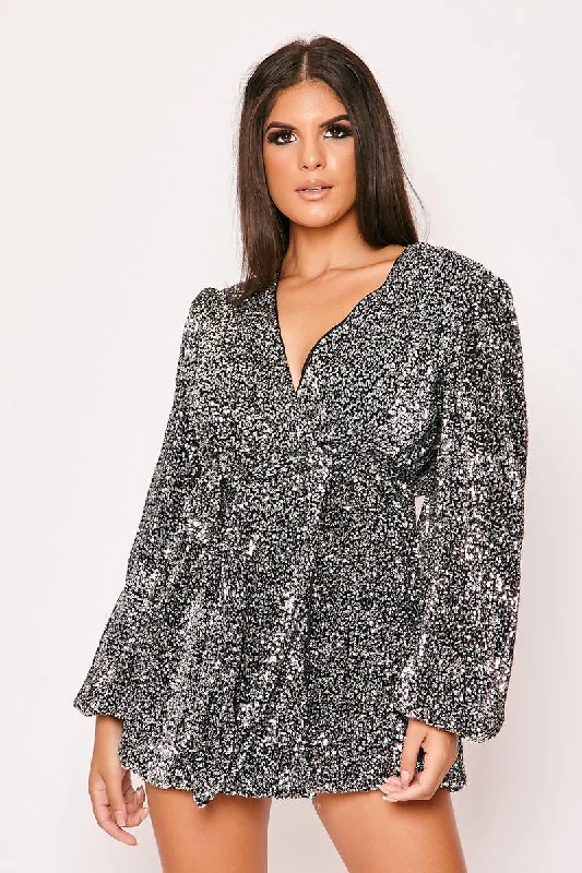 Harrietta - Silver Black Plunge Sequin Mini Wrap Dress Cozy Women's Winter