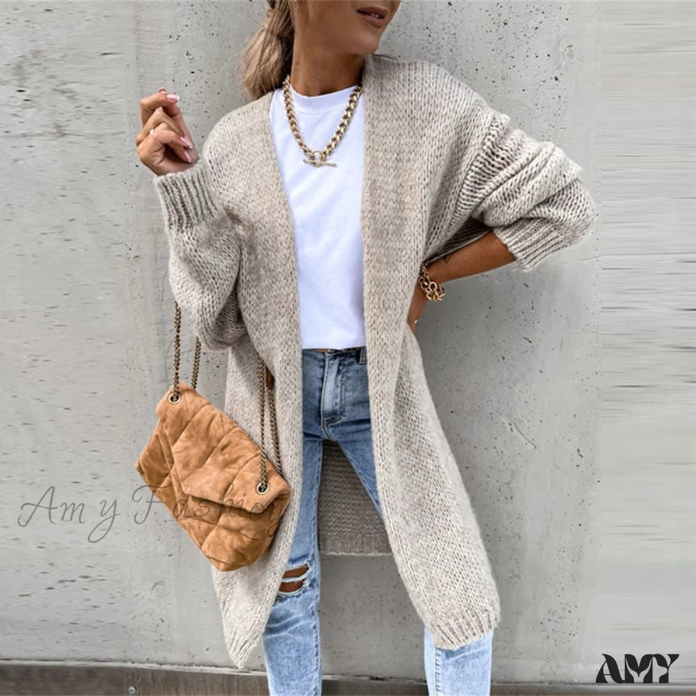 Amy Fashion - Women Casual Long Sleeve O-Neck Cardigan Solid Loose Knit Coats Athletic Women's 