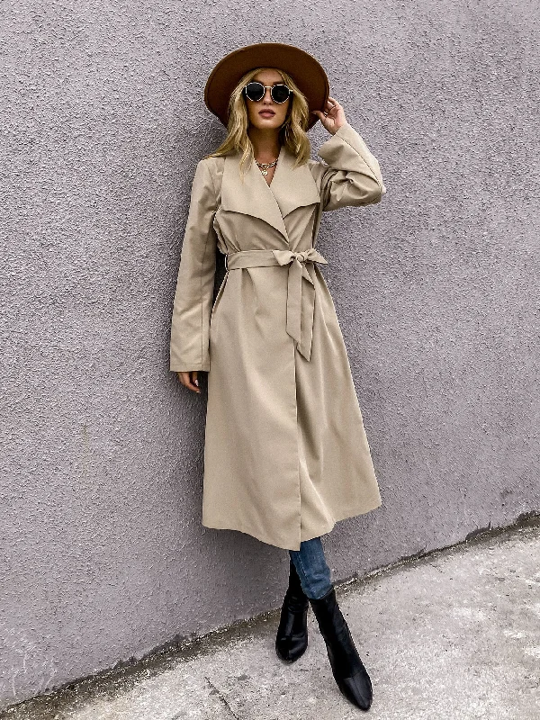 Elegant Plain Belted Long Sleeve Waterfall Long Women Trench Coat Refined Women's Velvet Elegant Plain Belted Long Sleeve Waterfall Long Women Trench Coat Refined Women's Velvet